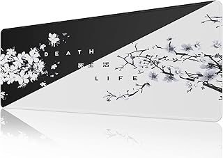 EFISH Black and White Japanese Cherry Tree Blosson Mouse Pad (31.5 × 11.8 × 0.12 inch) Extended Large Mouse Mat Desk Pad, Stitched Edges Mousepad,Non-Slip Rubber Base,Gaming Mouse Pad