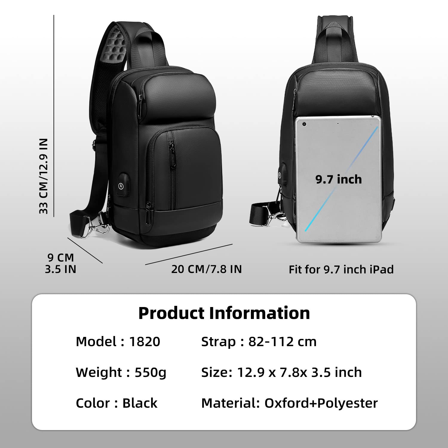 Zaino Monospalla Uomo con USB Borsa per 9,7" Tablet Marsupio Impermeabile Borsello per Scuola Outdoor Trekking Ciclismo Viaggio-Nero