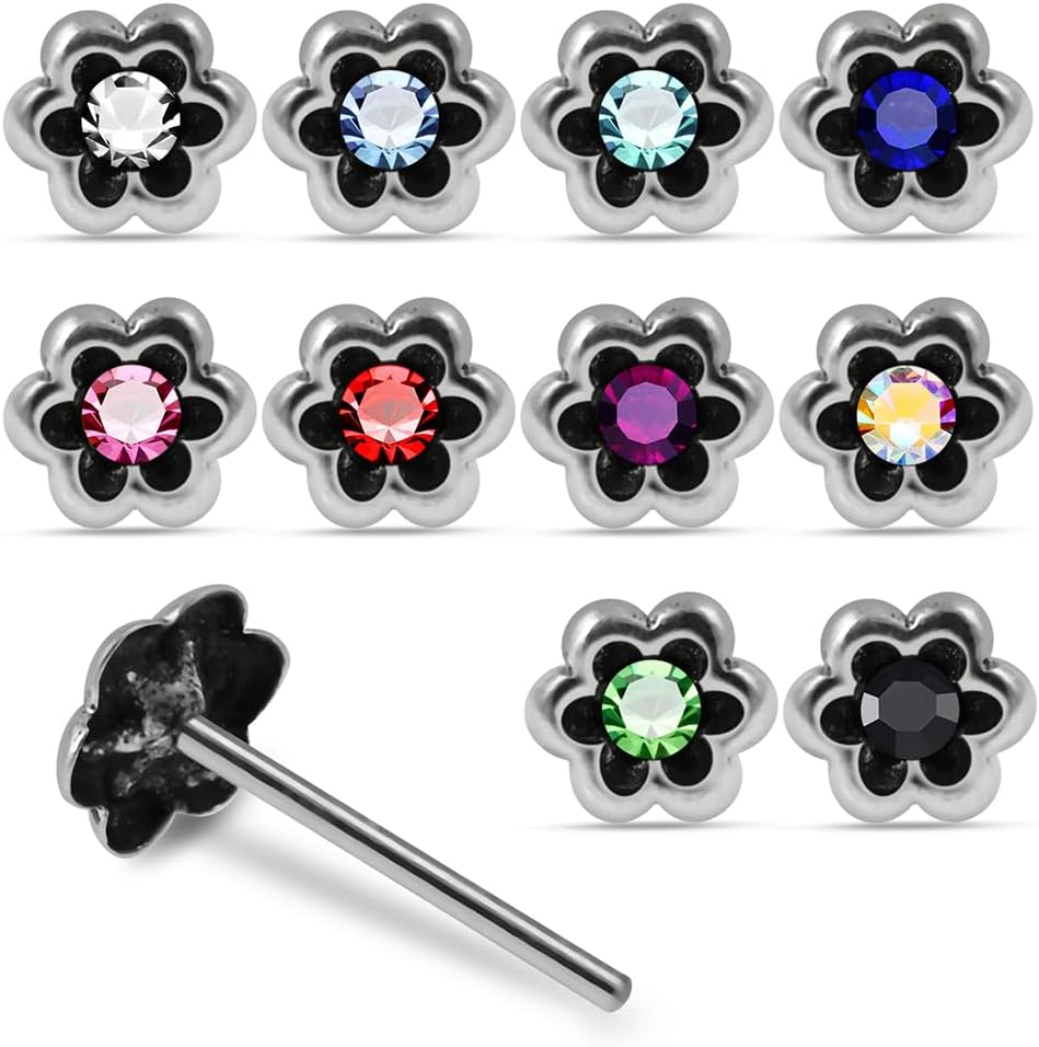 20 Pieces Box Set Oxidized Flower with Crystal Stone Design 22 Gauge 925 Sterling Silver Nose Pin - Nose Stud - Tiny Nose Ring - Nose Piercing Body Jewelry