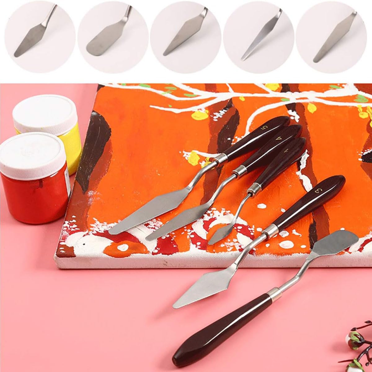 Cuchillos de pintura de acero inoxidable, espátula, paleta, cuchillo profesional, mango de madera, accesorios de pintura al óleo, juego de mezcla de colores para pintura al óleo, lienzo, pintura