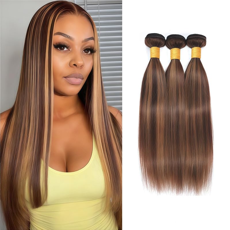 Blonde Highlight Straight Bundles Human Hair 16 18 20 Inch Virgin Remy Honey Blonde Bundles Human Hair Brazilian Highlight Brown Bundles Hair Extensions P4/27 Color
