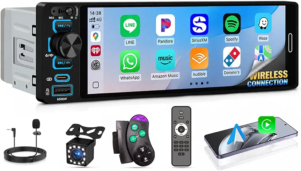 6.5" Single Din Car Stereo, Wireless Carplay & Android Auto Touchscreen