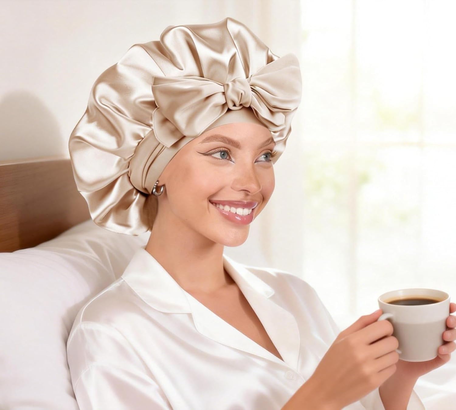 Silk Satin Bonnet With Sleep Eye Mask 2Pcs Womens Hair Bonnets Silky Night Caps For Women Curly Hair Sleep Cap