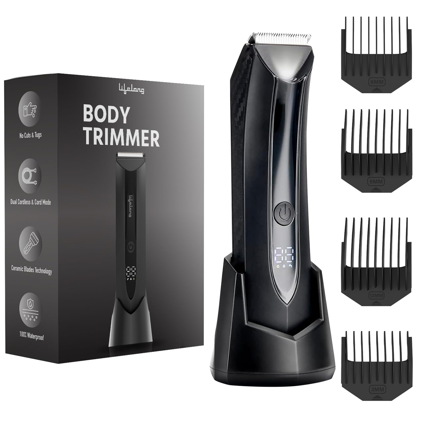 Lifelong Full Body Trimmer for Men All in One | Skin Safe Body Groomer, Private Parts & Ball Trimmer for Men |Waterproof Electric Shaver| Grooming Kit with Dock, 100Min Runtime, 4Combs, Ceramic Blade