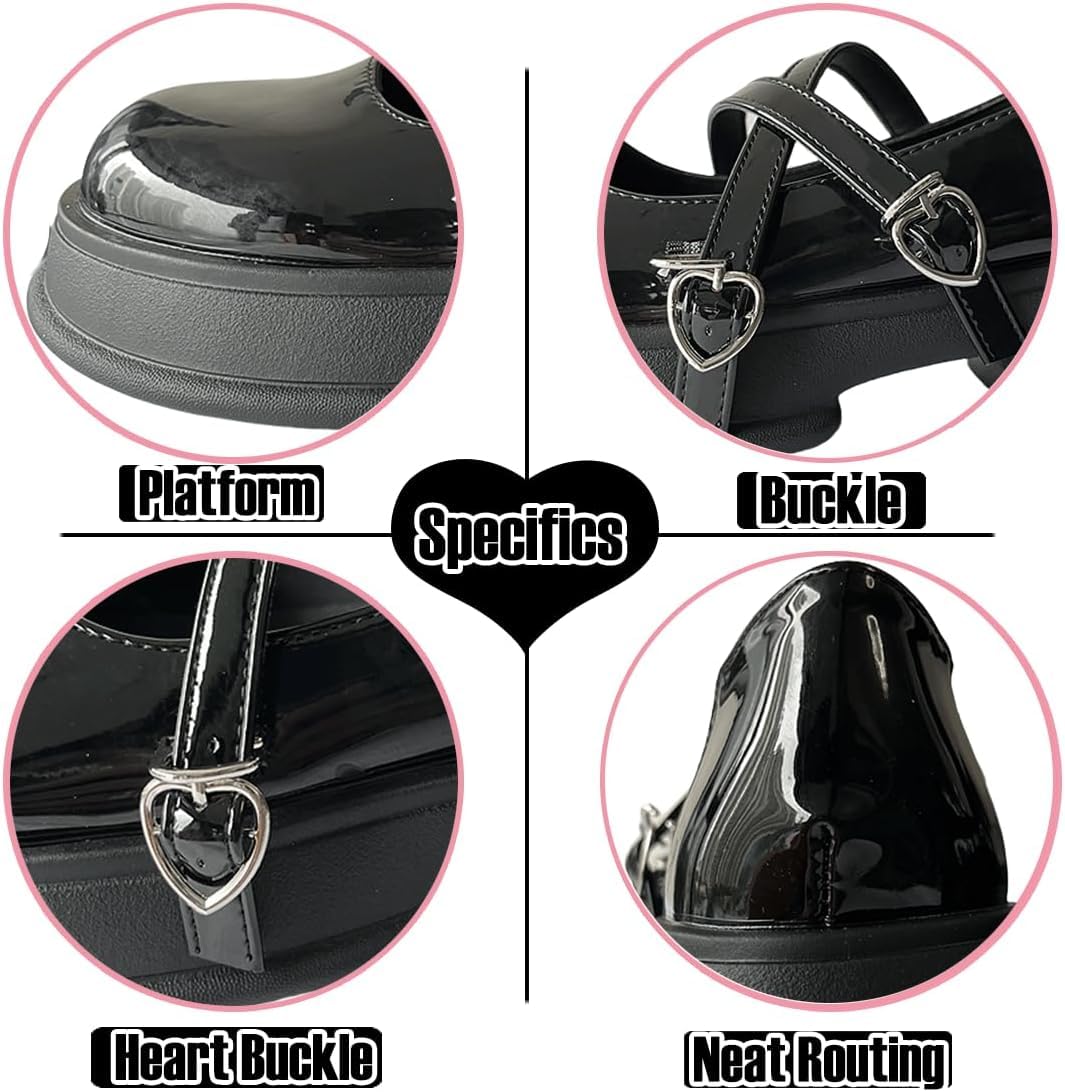Zapatos de plataforma Mary Jane con cordones ajustables y punta redonda y suela gruesa con lazo cruzado en forma de corazón estilo gótico Harajuku Kawaii Lolita (black,40)