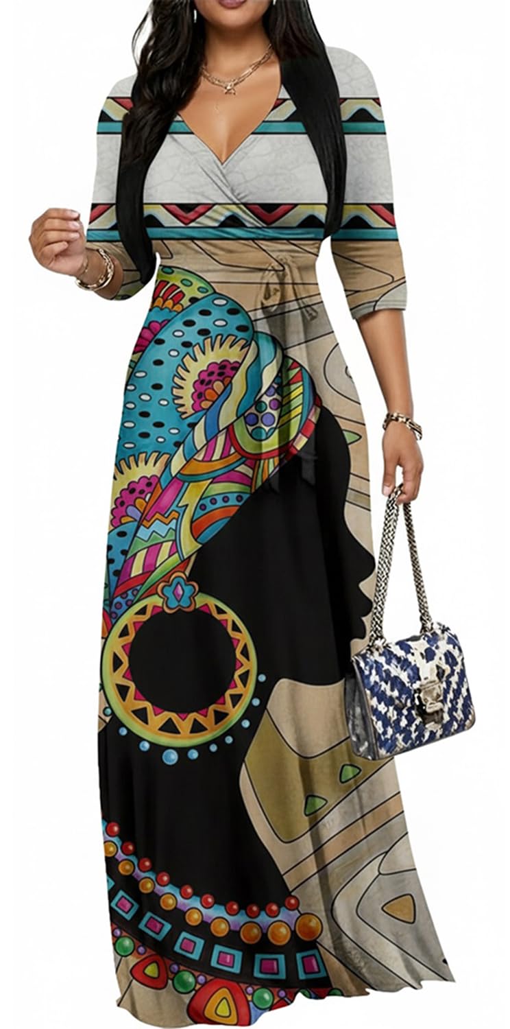 Women's Church Maxi Wrap V Neck 3/4 Sleeve Tie Waist Plus Size Long Dress