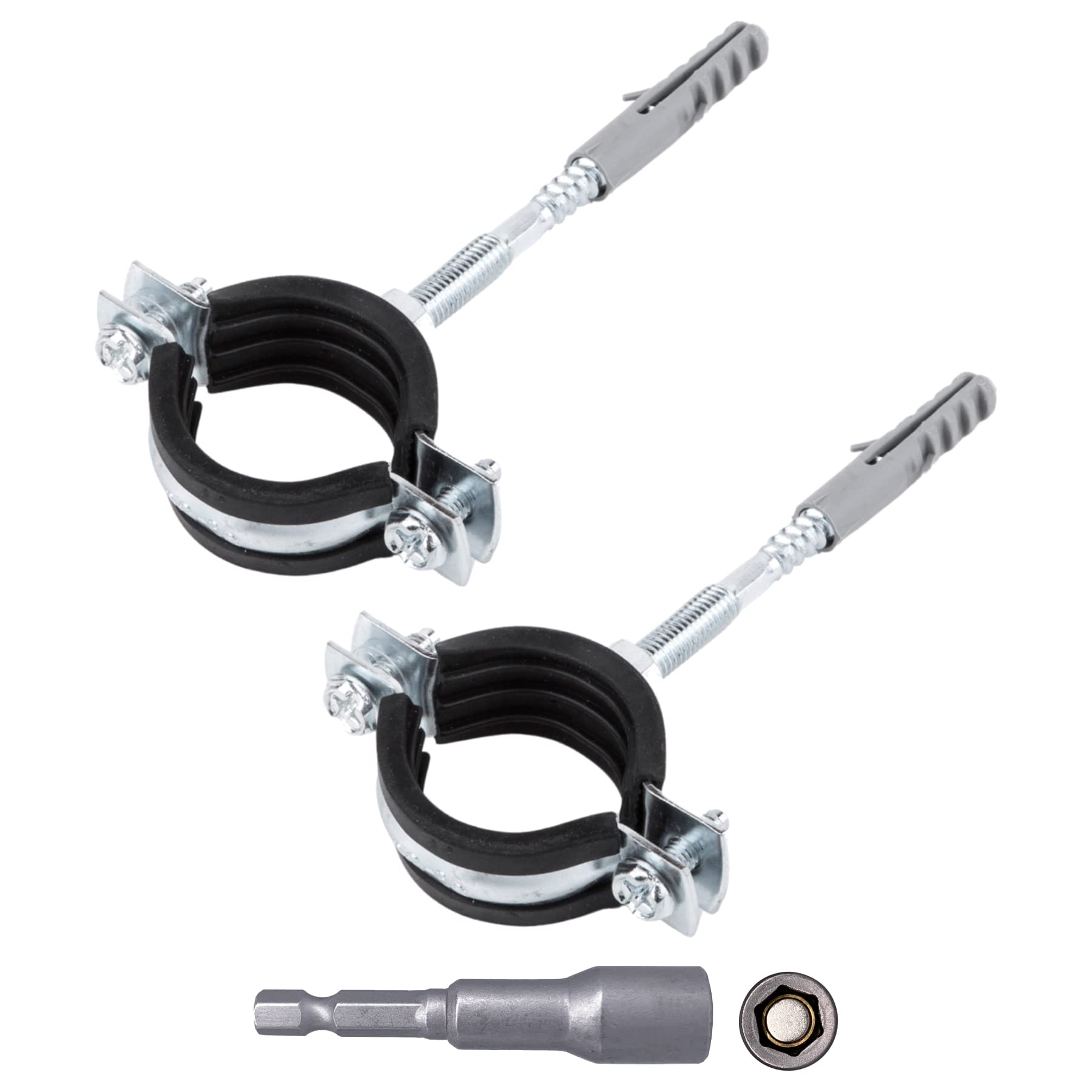 SKIR'CO Lot De 2 Supports De Tuyau Avec Revêtement En Caoutchouc Noir Pour Tuyaux De Diamètre 32-36 Mm, Pour Montage Mural Et Plafond (2 Pièces, Avec Embout De Tournevis Hexagonal Magnétique