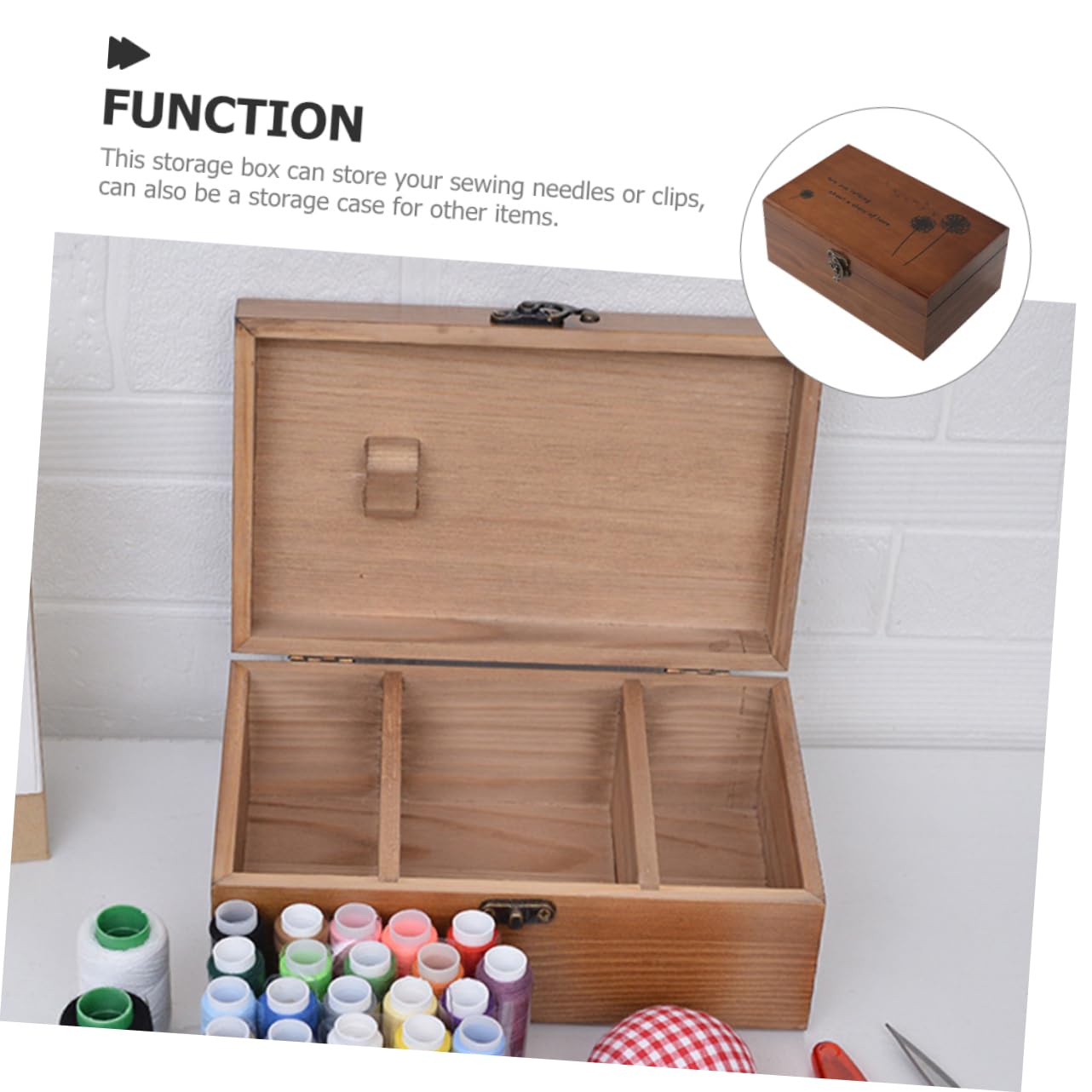 Caja de Alfileres de Costura Portátil de Madera Marrón