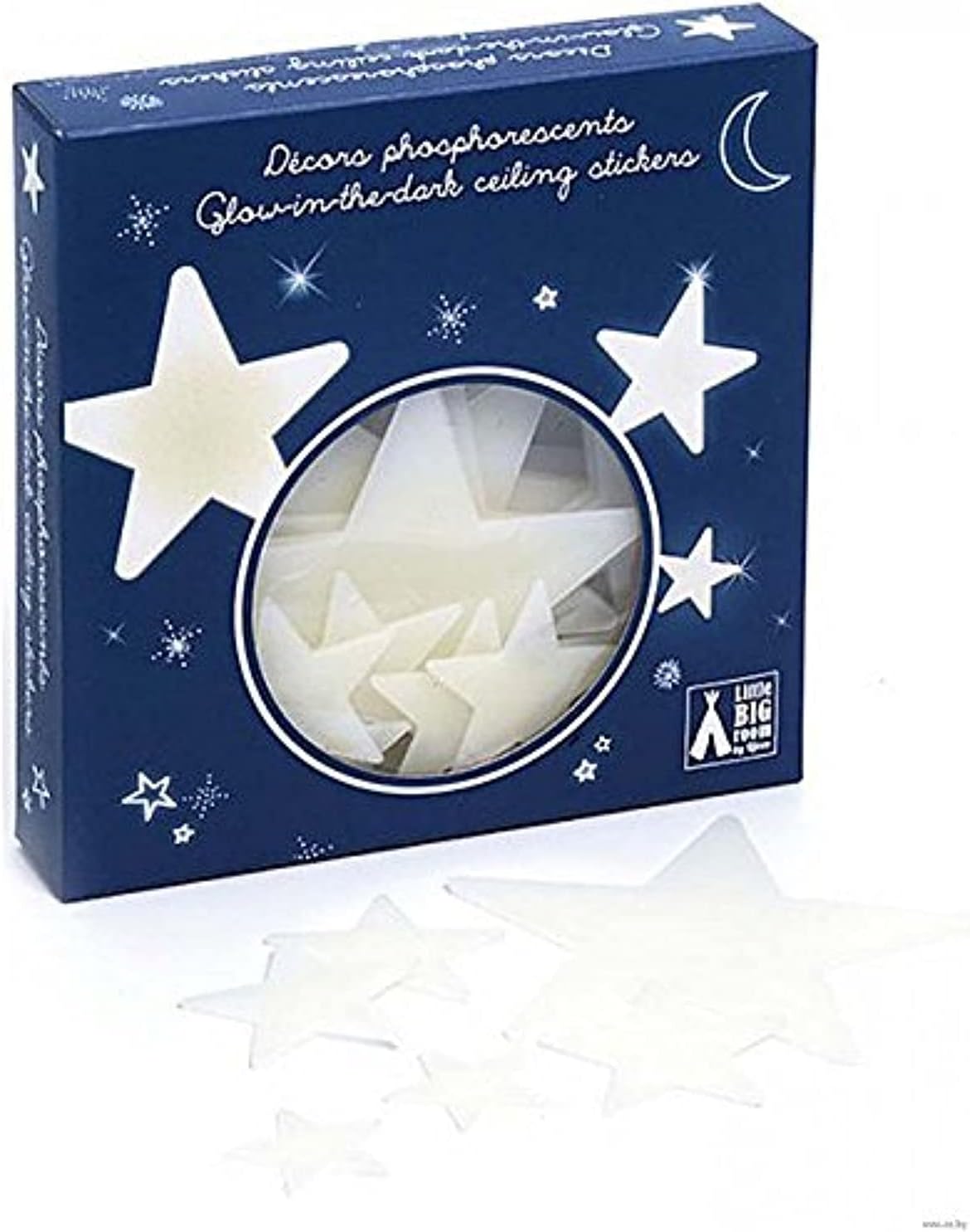 Djeco Stars Glow in the Dark Wall and Ceiling Decor Set, 65 Plastic Stars in 3 Sizes with Double-Sided Adhesive, Nighttime Bedroom Decoration for Kids, Creates Calming Starry Sleep Ambience