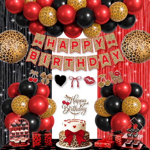 Image of Ouddy Life Cheetah Print Red and Black Balloons Birthday Decorations | Cherry Leopard Print Foil Balloons Happy Birthday Banner Fringe Curtain Bow Leopard Cake topper for Women Girls Party Decor