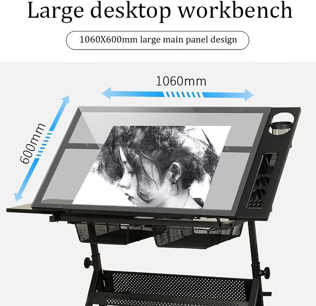 Folding Art Desk/Drafting/Drawing Table/Craft Desk with Adjustable Height 74-93Cm, 2 Drawers and 0-80° Tiltable Tabletop