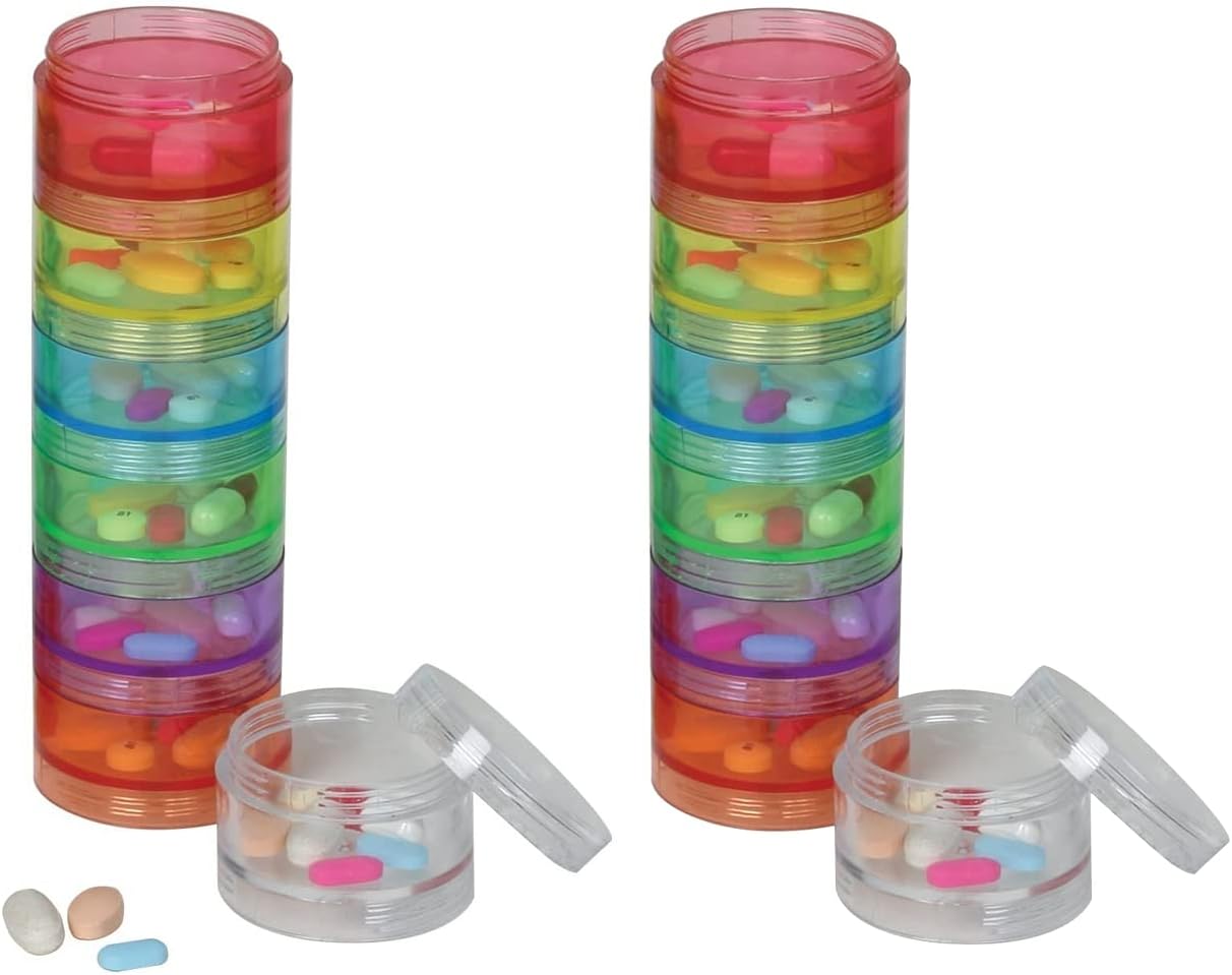 Weekly (7-Day) Stackable Pill Planner Organizer, Vitamin and Medicine Box, Detachable Compartments, Rainbow Colors (2 Pack)