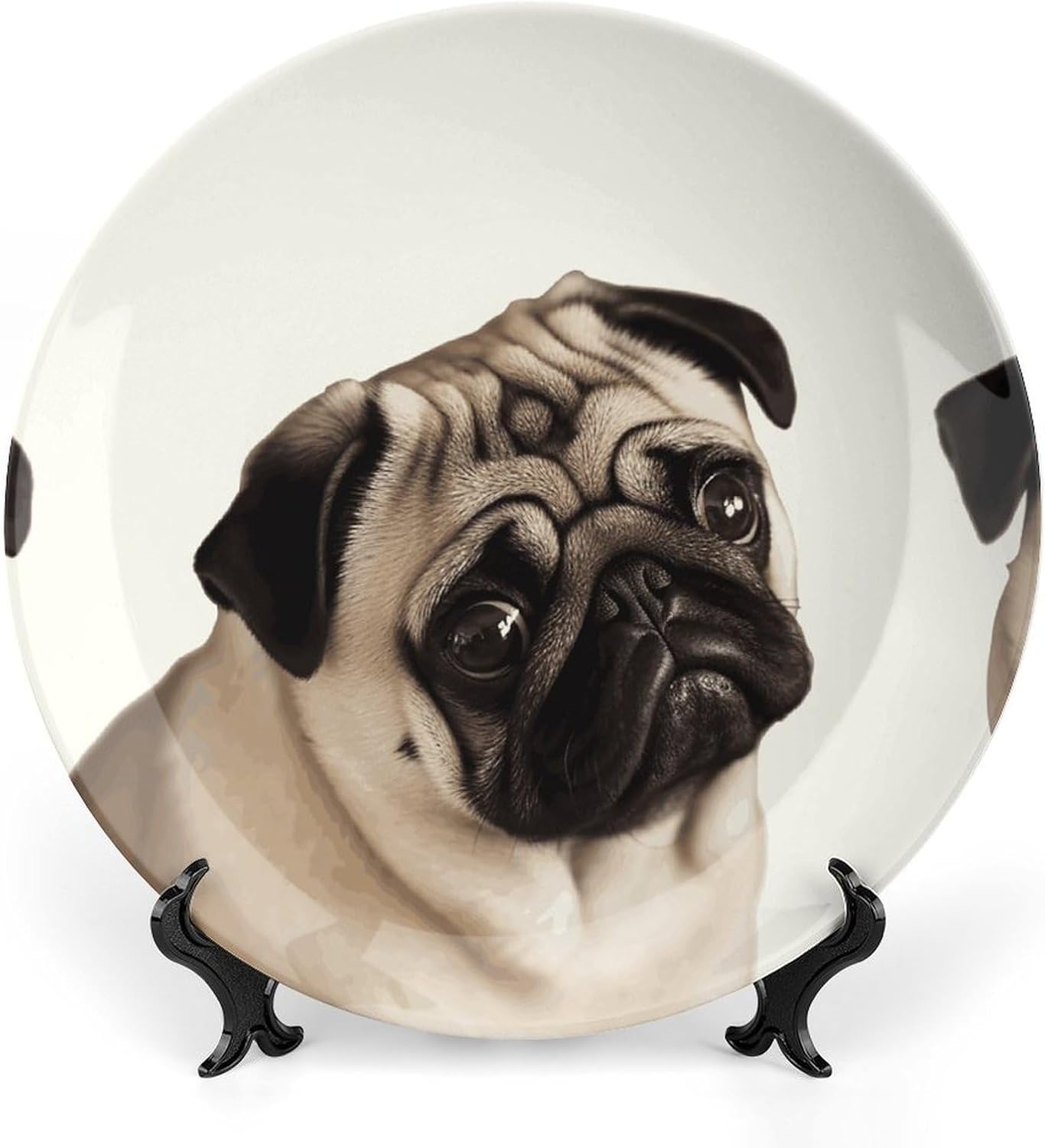 Pug Dog Ceramic Decorative Plate for Office Decor, Chinese Style Decorative Dish with Stand, Dinner Dish Decorative Plates for Wall Hanging Bone Collections Plates 10inch