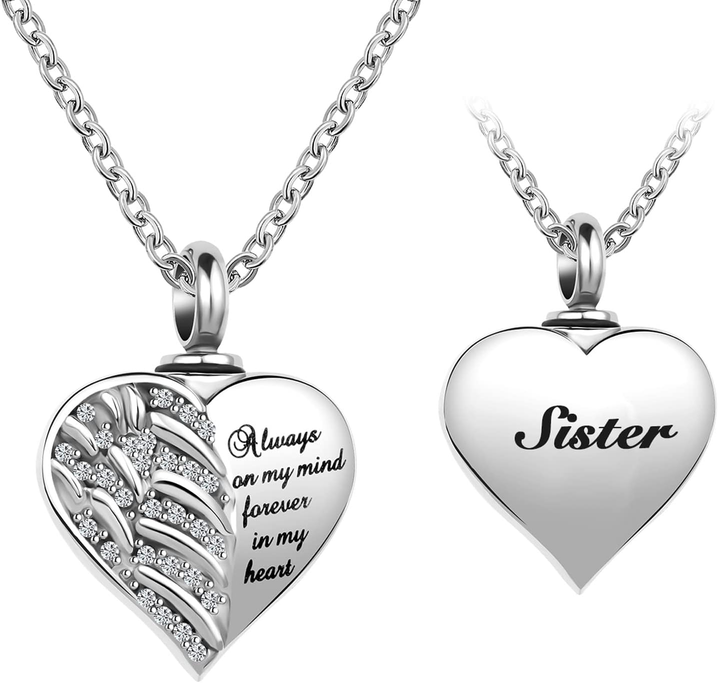 LuxglitterLin Guardian Angel Wings Cremation Jewelry for Ashes Heart Crystal Urn Necklaces for Ashes Memorial Keepsake Necklace Always on Mind Forever in My Heart