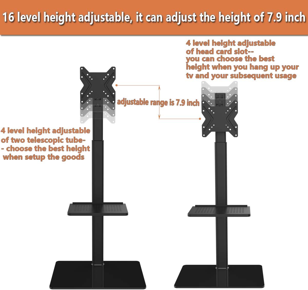 60% Off Discount Universal Floor TV Stand with Mount for 19 to 42 inch Flat Screen TV, 100 Degree Swivel,Adjustable Height and Tilt Function, 2 Shelves HT2001B