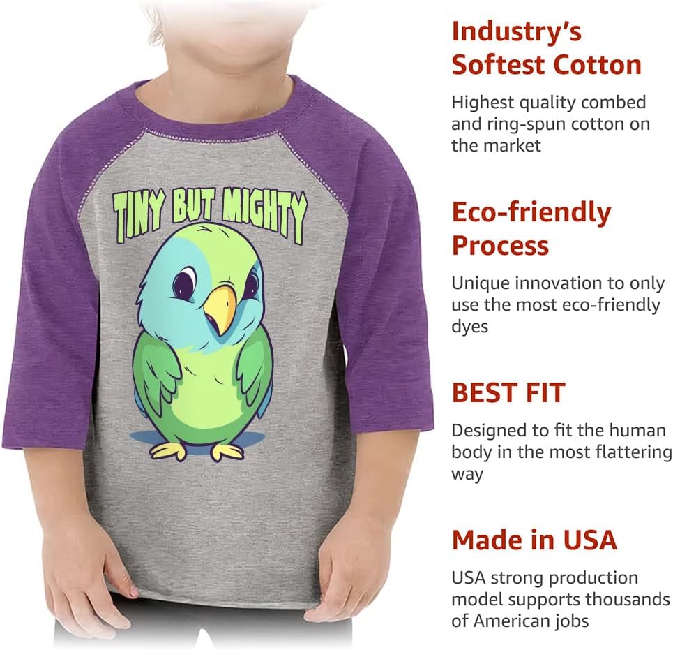 Tiny but Mighty Toddler Baseball T-Shirt - Cute 3/4 Sleeve T-Shirt - Bird Kids' Baseball Tee