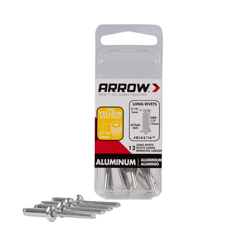 Rebites de alumínio longos Arrow Fastener RLA3/16, diâmetro de 4,76 mm e alcance de 12,7 mm, pacote com 12 peças