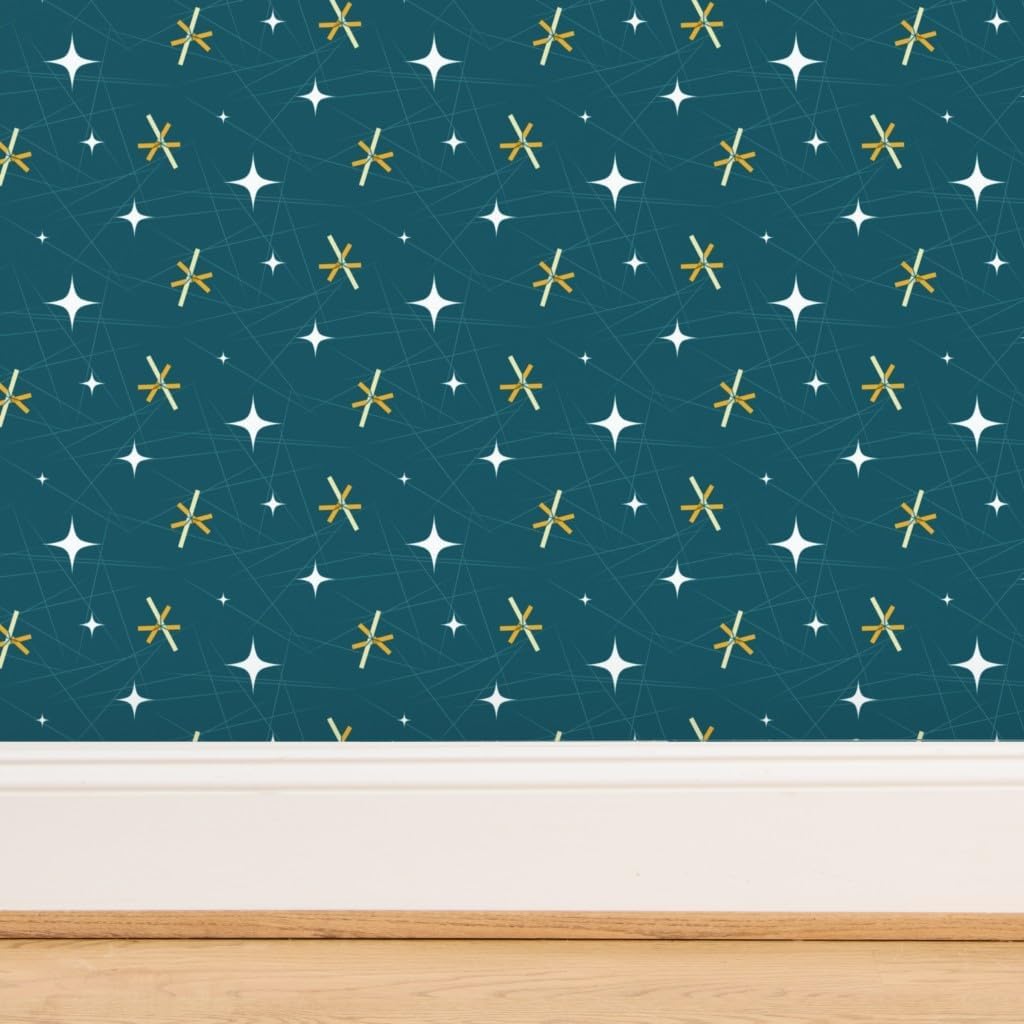 Commercial Grade Wallpaper 27ft x 2ft - Mid Century Modern Blue Vintage Retro Orange Traditional Wallpaper by Spoonflower