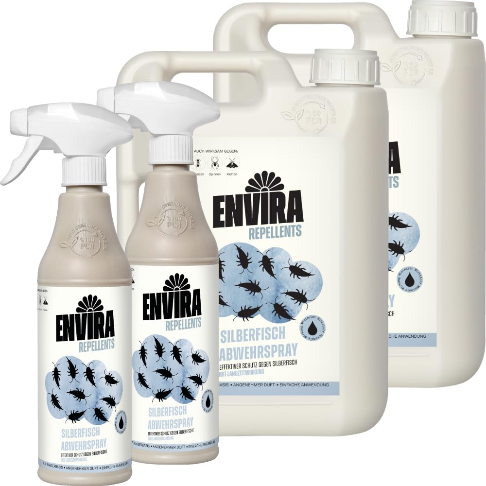 Envira Silberfischspray 2x 500 ml + 2x 2L gegen Silberfische & Papierfische | Silberfisch Spray & Mittel gegen Papierfischchen - hochwirksam für Haus, Wohnung, Küche und Bad, geruchsarm