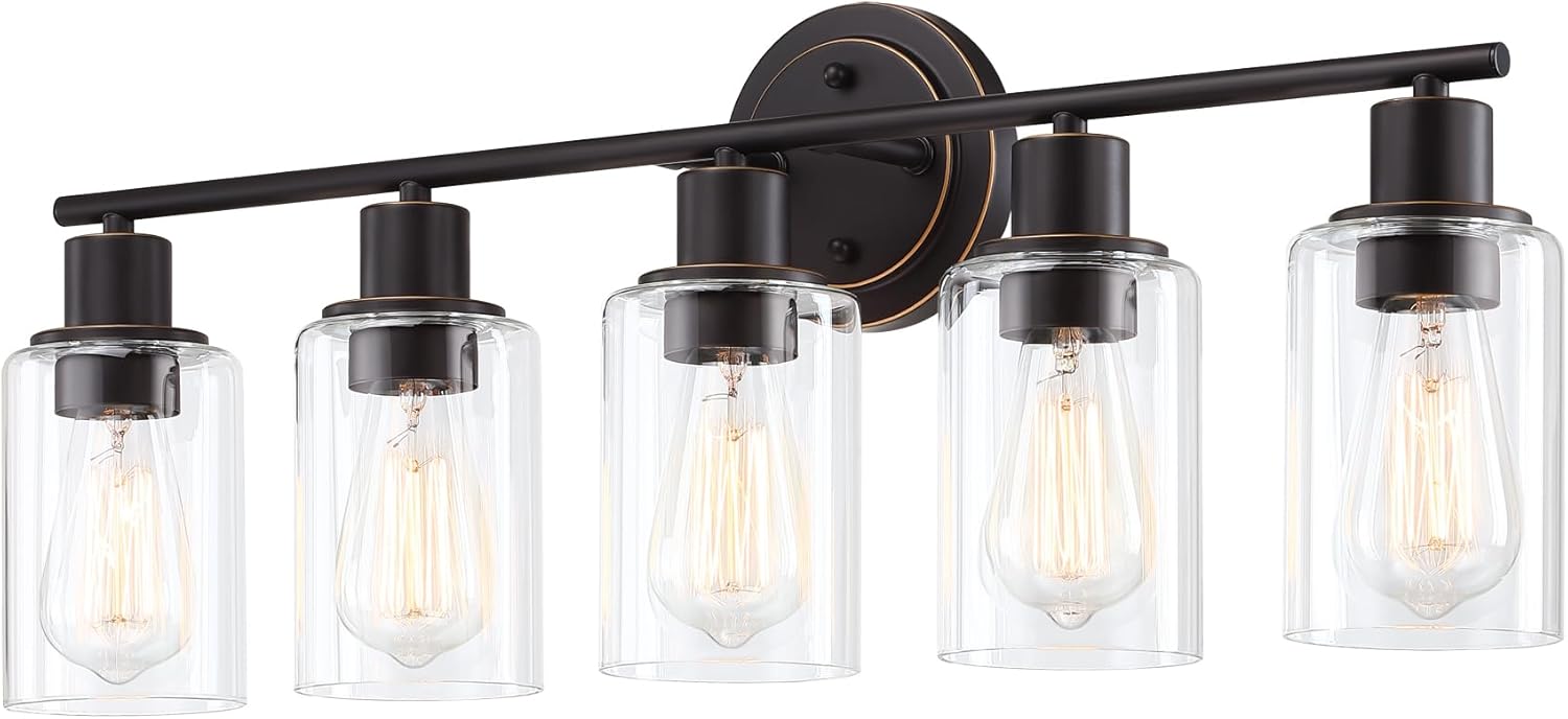 5-Light Oil Rubbed Bronze Bathroom Vanity Light Over Mirror, Oil Rubbed Bronze 5-Bulb Wall Sconce Above Kitchen Sink, Brown Wall Sconce for Bathroom Vanity