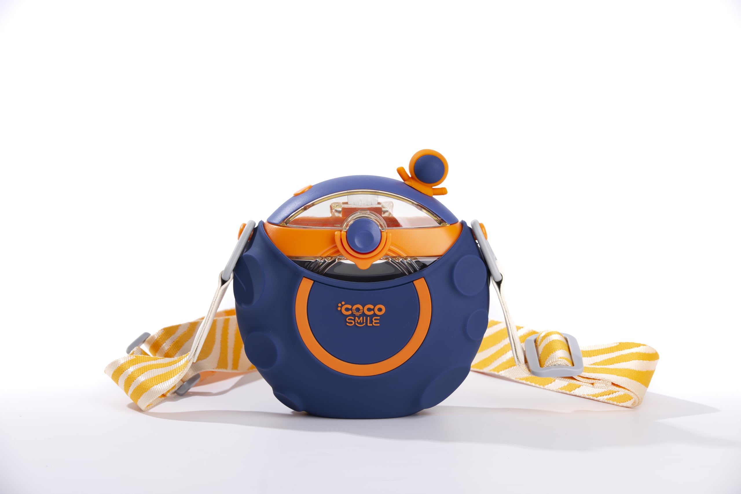 Cocosmile Astronaut Round Kids Water Bottle with Removable Sleeve - Easy Open Button Carrying Lanyard - Tritan Plastic