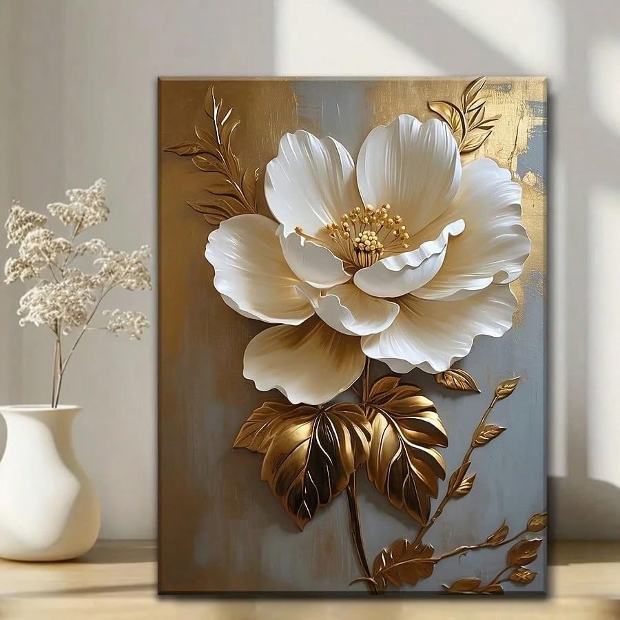 Tableau sur toile fleurs blanches dorées 40x60 cm salon