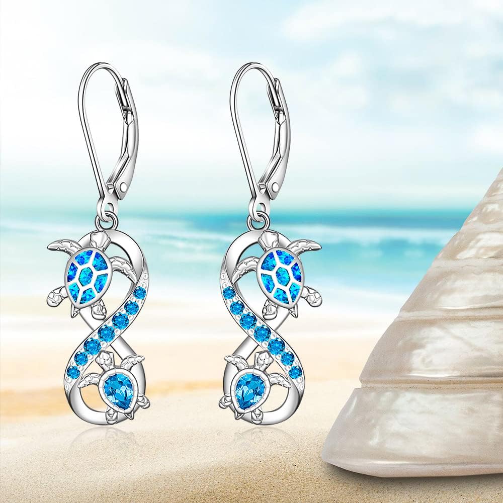 Turtle Earrings for Women Sterling Silver Infinity Blue Opal Sea Turtle Earrings Dangle Drop Tortoise Ocean Wave Jewelry Gifts for Turtles Lovers - Image 6