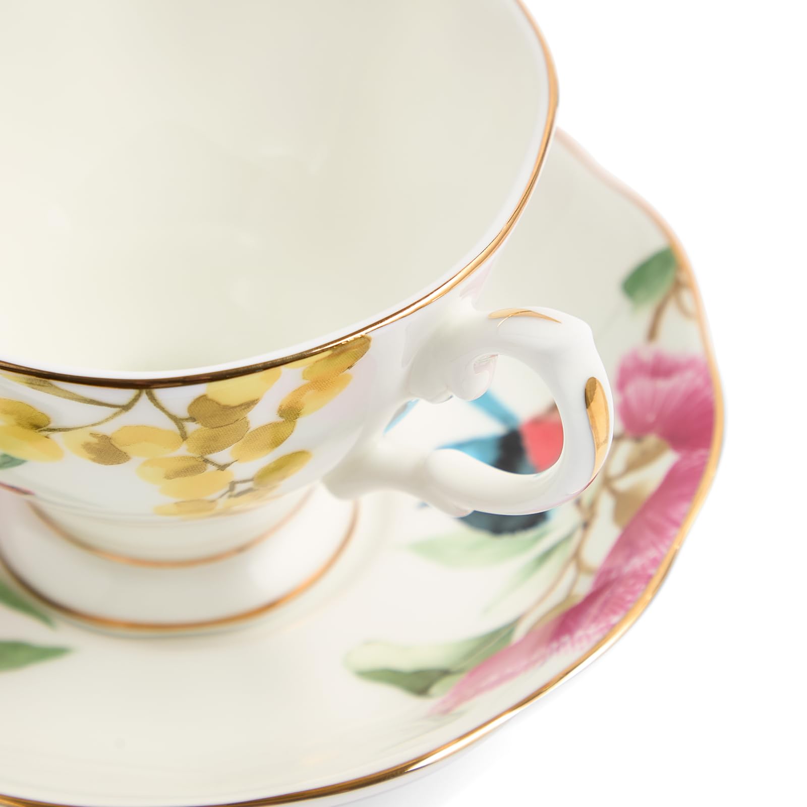 Miranda Royal Albert Kerr Ensemble tasse à thé et soucoupe en porcelaine anglaise Motif floral australien Doré/blanc