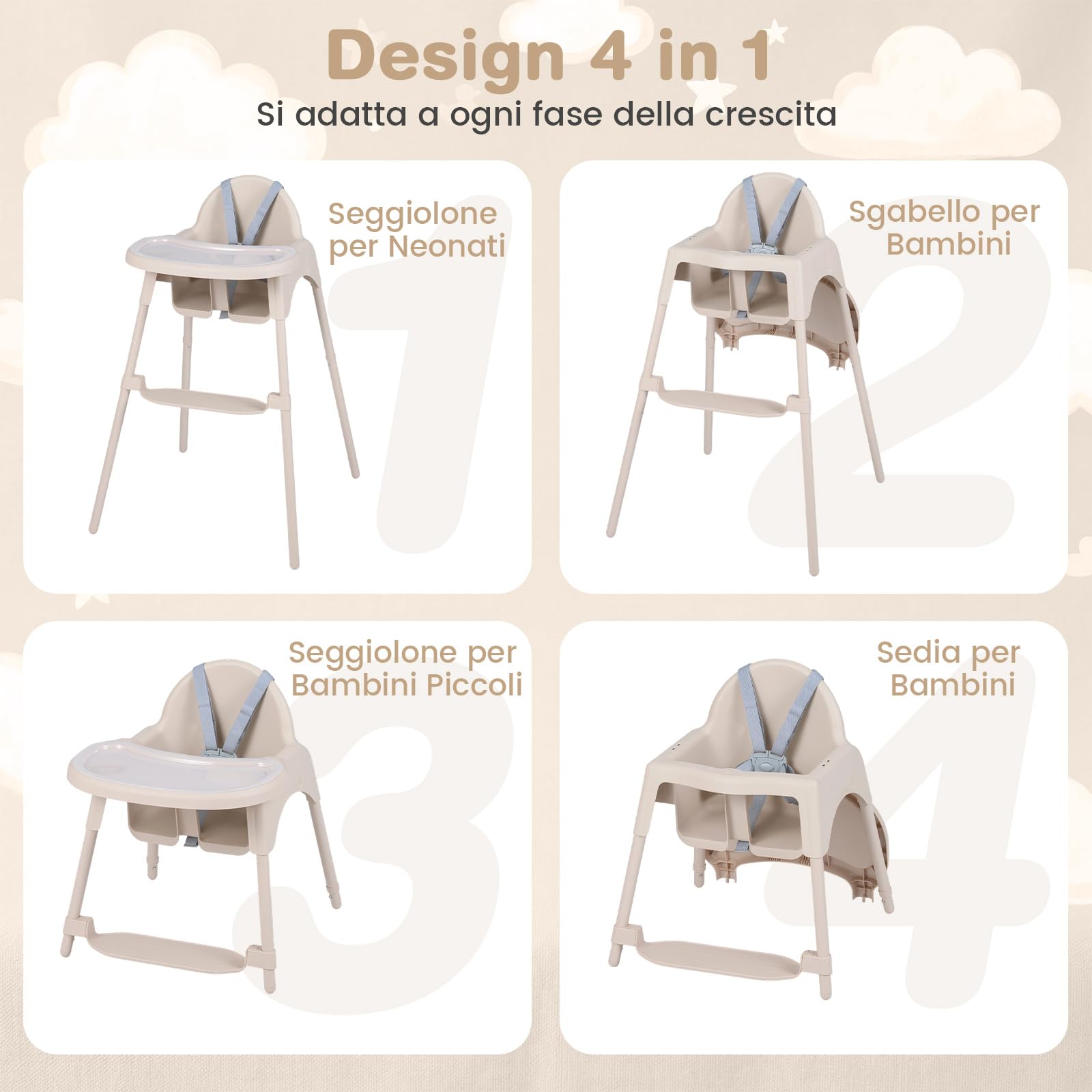 COSTWAY 4 in 1 Seggiolone per Bambini, Vassoio Doppio Rimovibile | Cintura di Sicurezza a 5 Punti, Poggiapiedi Reversibile, per Bambini 6-36 Mesi
