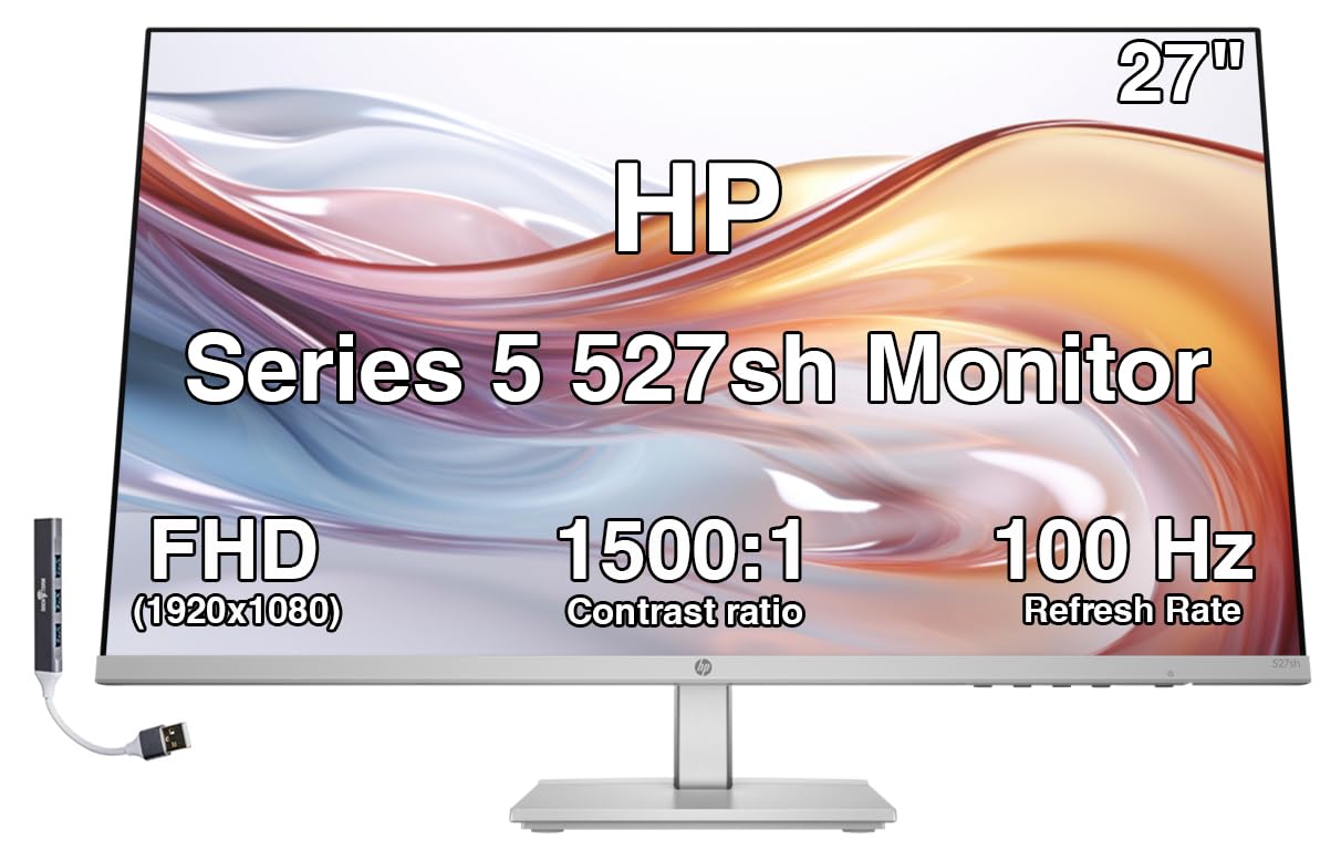 Front view of the HP Series 5 527sh 27-inch monitor with a vibrant display.