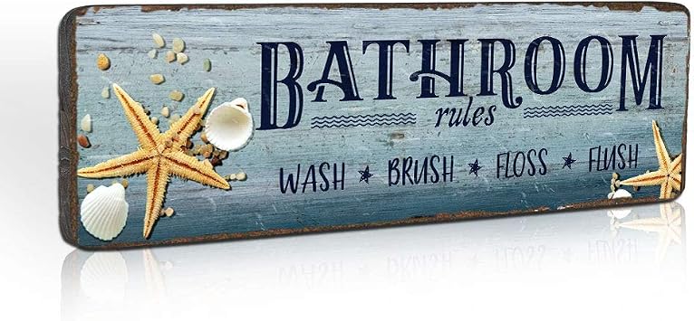 Rustic Beach Themed Bathroom Decor Sign Wall Art with Seashells