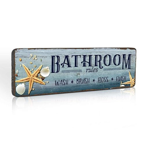Rustic Beach Themed Bathroom Decor Sign Wall Art with Seashells