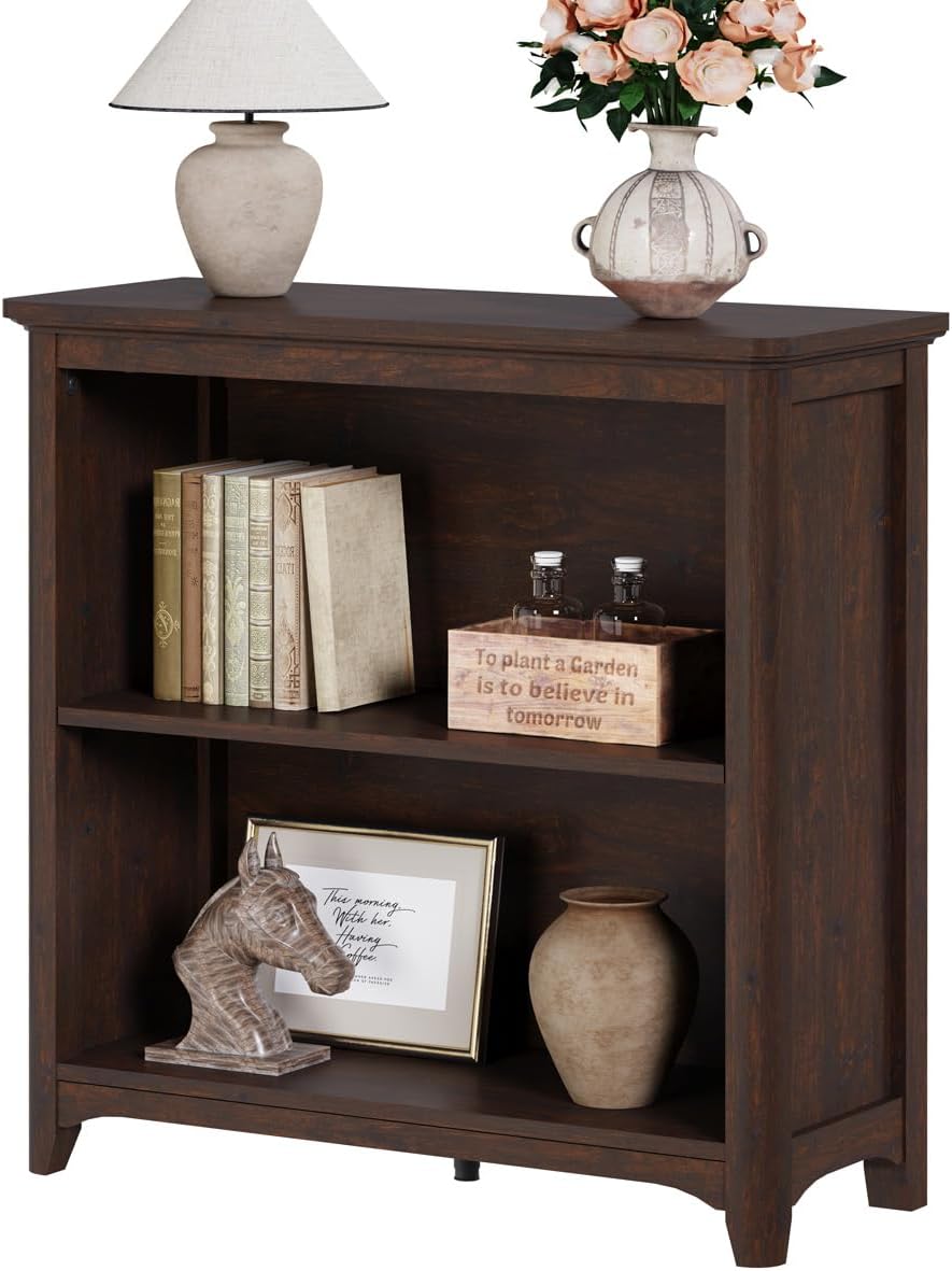 BON AUGURE Wooden Bookshelf Bookcase, 2-Tier Compact Wood Book Shelf with Adjustable Display Storage Shelves, Floor Standing Book Case for Living Room, Office, Brown Cherry