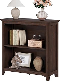 BON AUGURE Wooden Bookshelf Bookcase, 2-Tier Compact Wood Book Shelf with Adjustable Display Storage Shelves, Floor Standing Book Case for Living Room, Office, Brown Cherry