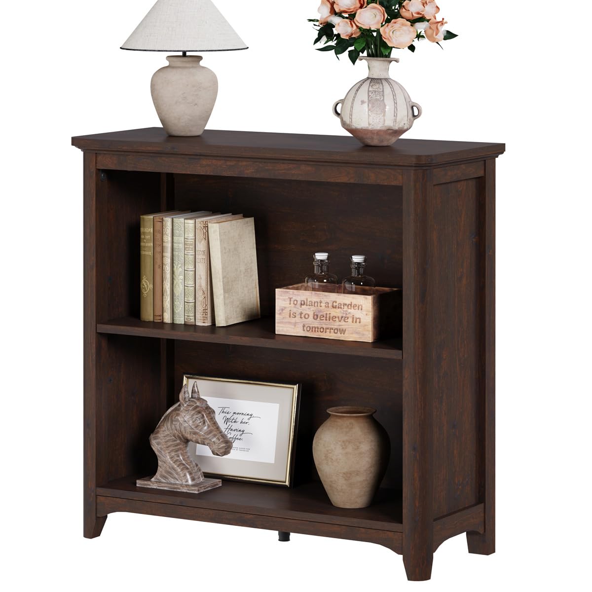 BON AUGURE Wooden Bookshelf Bookcase, 2-Tier Compact Wood Book Shelf with Adjustable Display Storage Shelves, Floor Standing Book Case for Living Room, Office, Brown Cherry