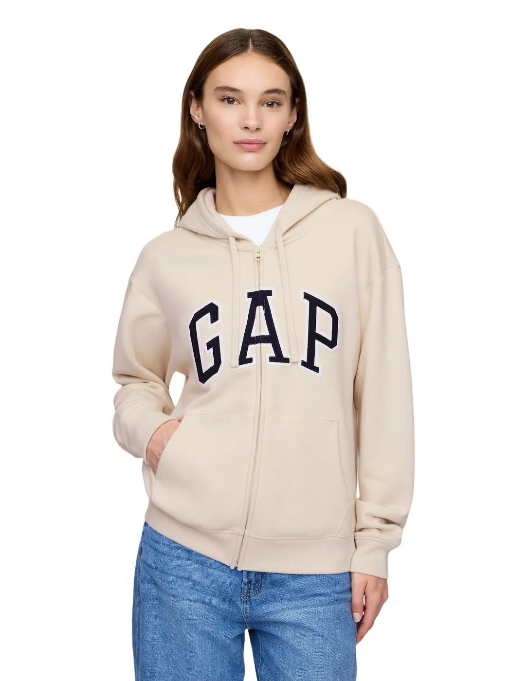 GAP Women's Logo Hoodie Hooded Full Zip Sweatshirt, Chino, Medium