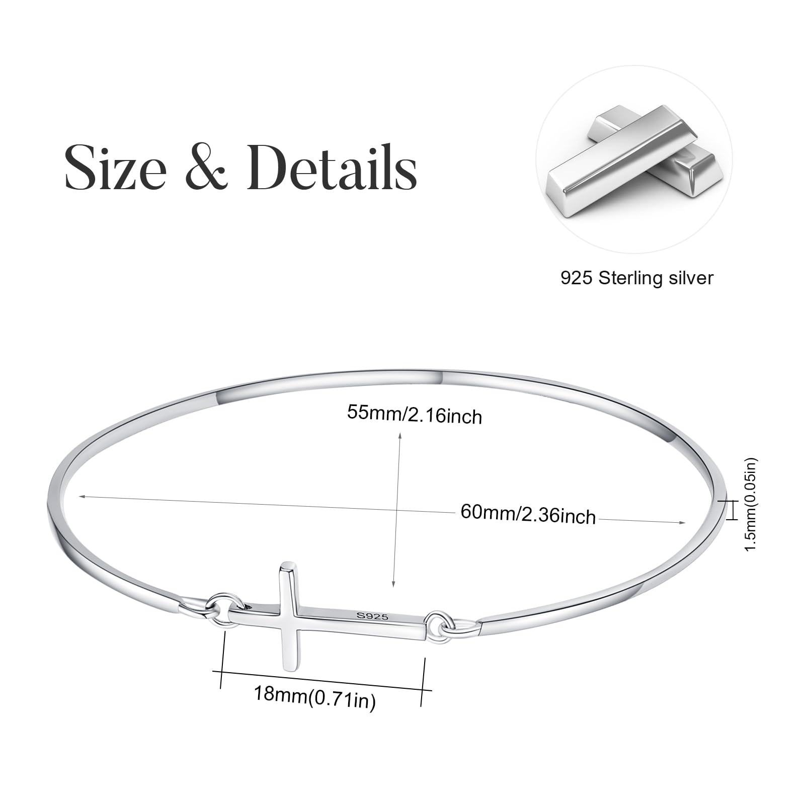 Bracciale da donna con croce in argento Sterling 925, con croce cristiana, ideale come regalo per fidanzate, donne, ragazze, mamma, 6.00 cm, Argento sterling