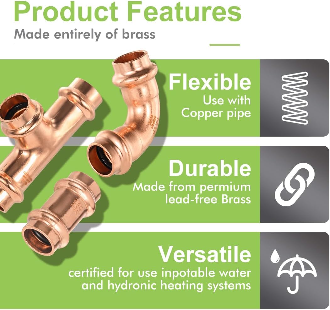 15-Pro Pack Orianse Copper Pro Press Fittings Plumbing Heavy Duty 1/2" (Each 5 Pack Press 90 Degree Elbow Tee Coupling Combo) for Copper Pipe Tubing Pro Press connection，NSF cUPC Certificate