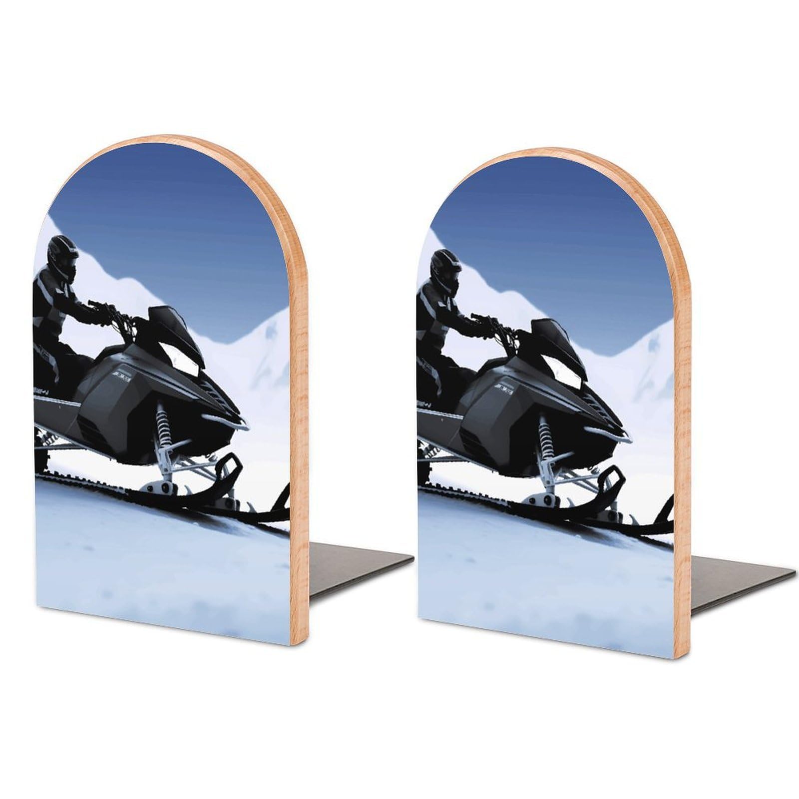 Beech Wood Book Ends Snowmobile Printed Bookend for Shelves Home Decorative Bookends for Heavy Books for Office Bookshelves
