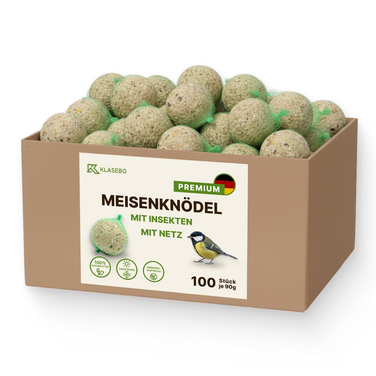 Premium Meisenknödel mit Insekten, 100 Stück (9kg) – Ganzjähriges Wildvogelfutter im Netz, Natürliche Zutaten, Ganzjährige Fütterung, Körnerfresser Delikatesse