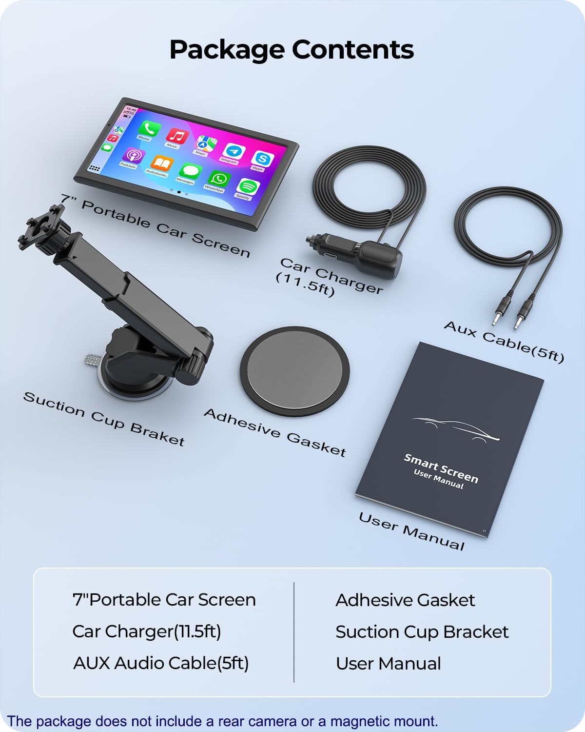 Contents of the Krunia T95 package, including the screen, car charger, AUX cable, adhesive gasket, suction cup bracket, and user manual.