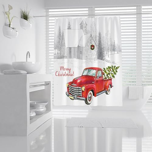Qucena Cortina de ducha con texto en inglés Merry Christmas con texto en inglés Merry Christmas, cortina de baño con ganchos, 70 pies de ancho x 70