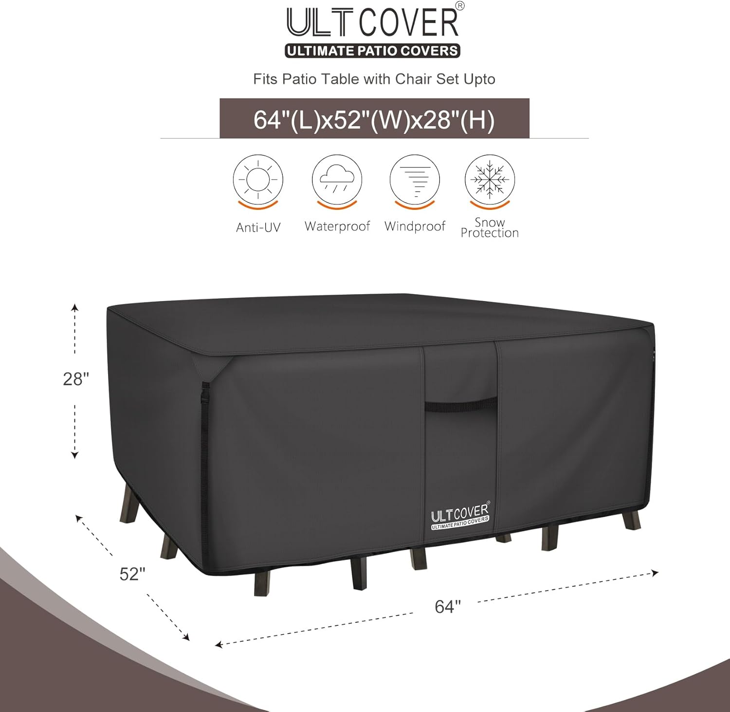 ultcover 600d tough canvas heavy duty rectangular patio table and chair cover - waterproof outdoor general purpose furniture covers 64lx52wx28h inch, black rectangular 64"(l)x52"(w) black