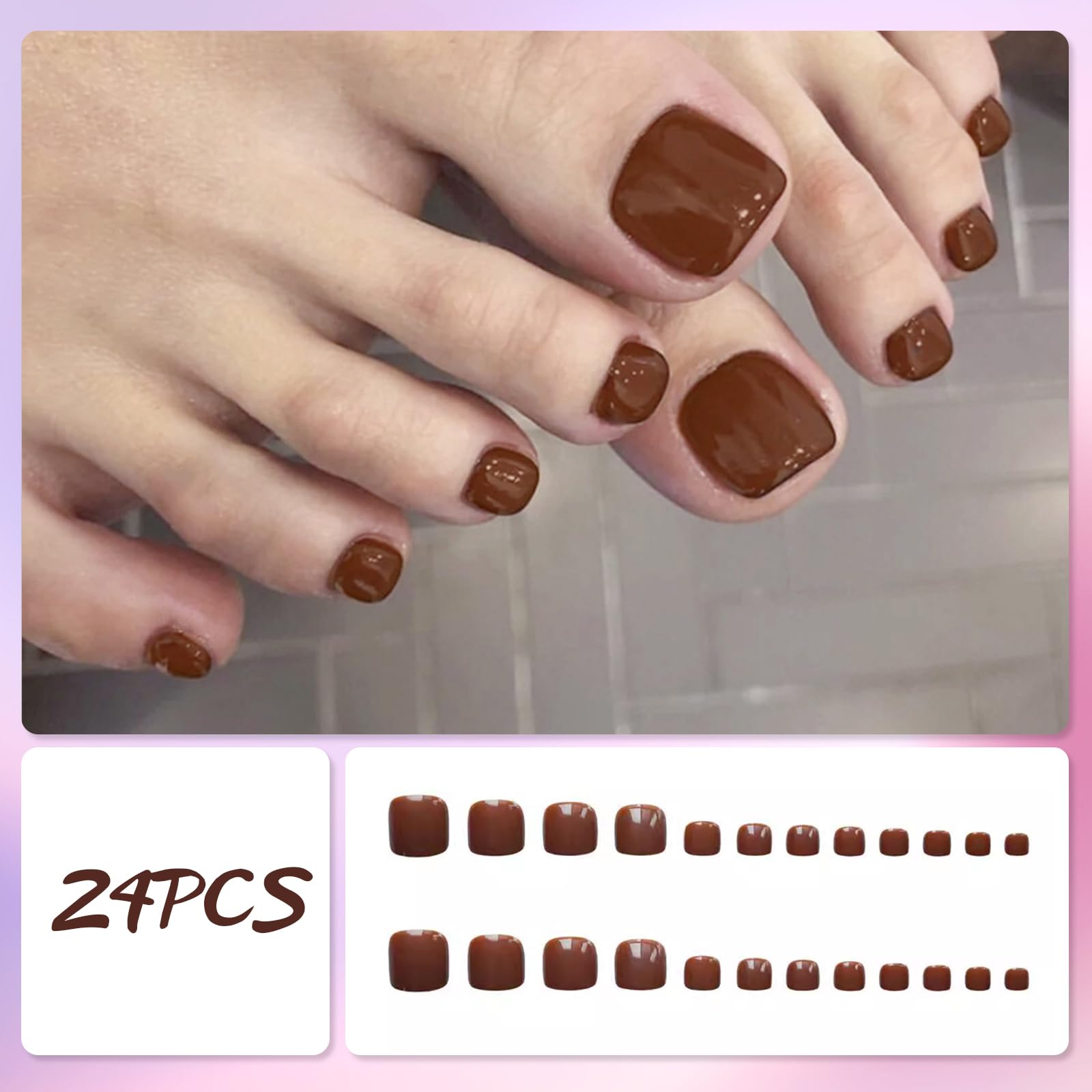 24Pcs Press on Toenails Short Square, Cocoa Brown French Tip False Toenails - Image 2