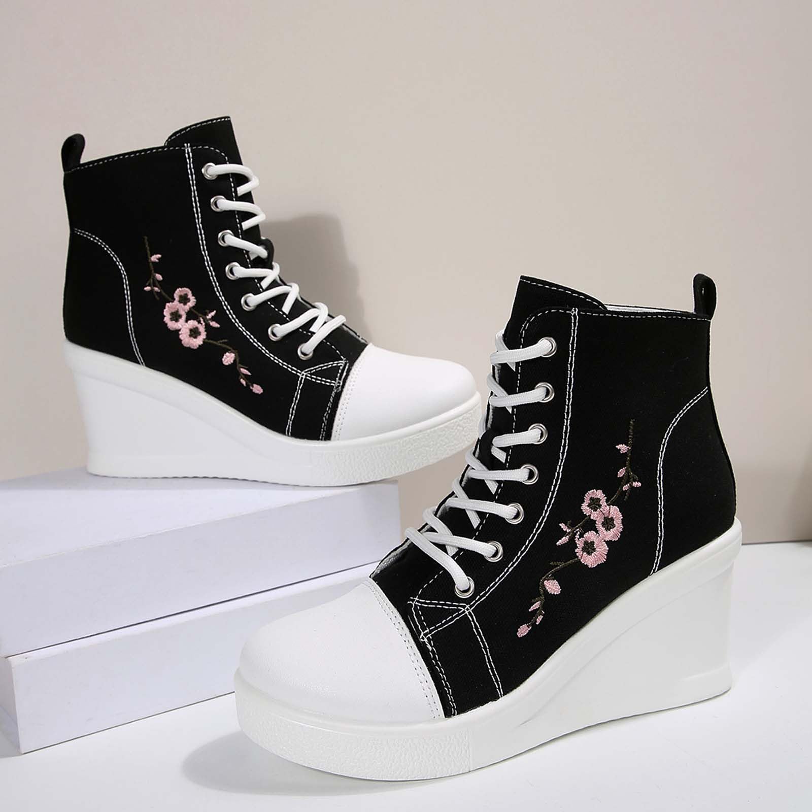Scarpe da ginnastica in tela da donna e uomo, con lacci, stile vintage, con tacco spesso 8 cm, ricamo floreale, con zeppa