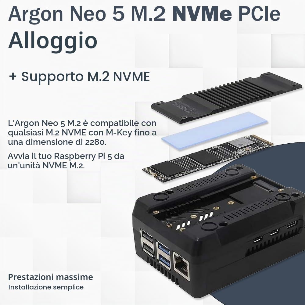 Kit professionale Raspberry Pi 5 8 GB | Argon Neo 5 M.2 NVMe PCIe case | alimentatore USB-C 27 W | cavo micro HDMI | Raspberry Pi 5 8 GB RAM