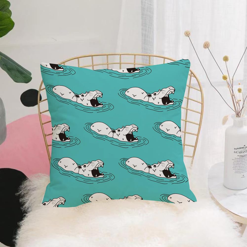 HYOSXW Cushion Cover,Throw Pillow Case Home Decorative for Living Room Bedroom Sofa Chair 16X16 Inch,Cartoon, a pattern depicting a hippopotamus swimming in water,Pillowcase 40X40cm