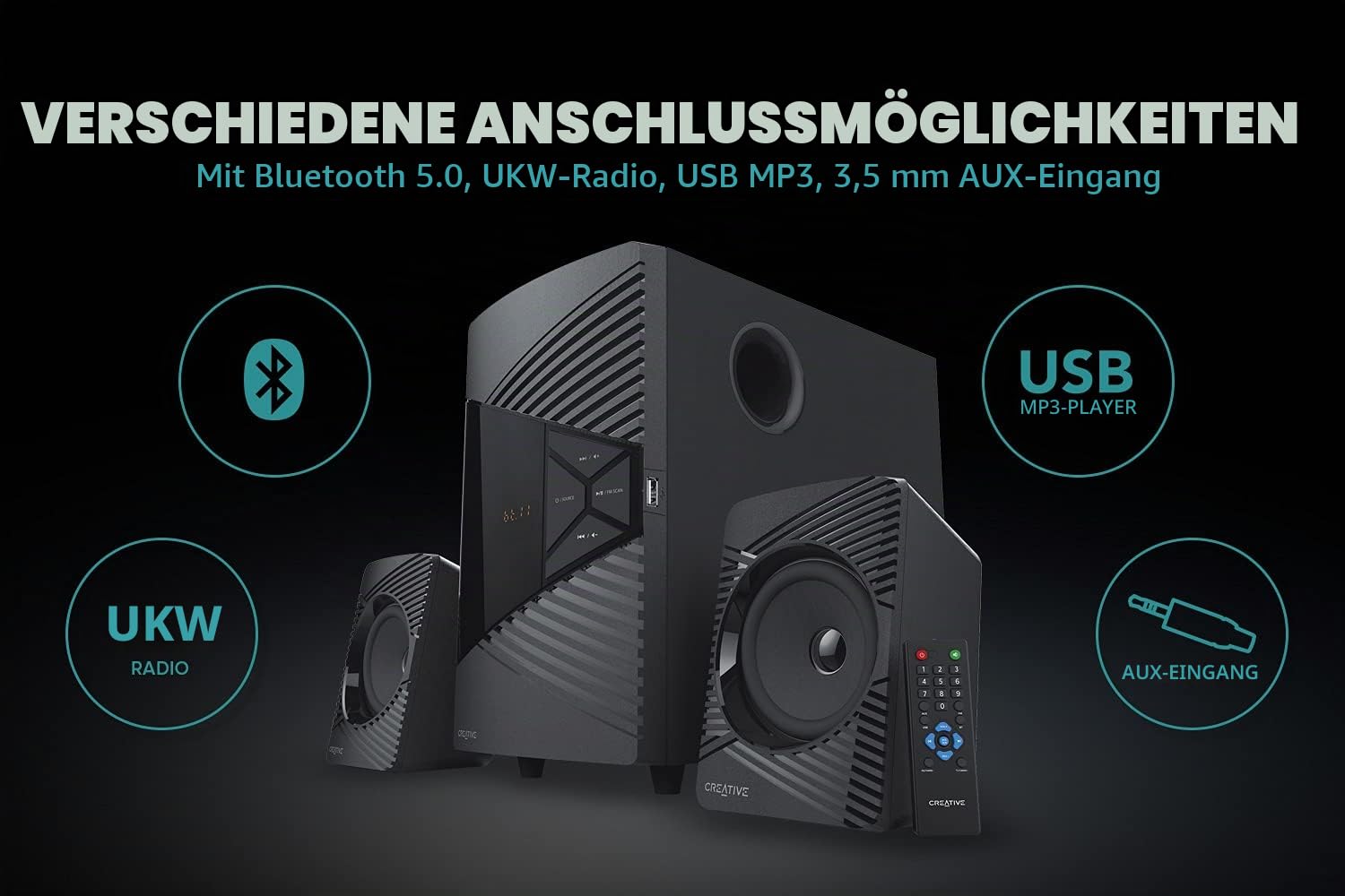 Creative SBS E2500 Leistungsfähiges 2.1-Bluetooth-Lautsprechersystem mit Subwoofer für Computer und Fernseher, Schwarz