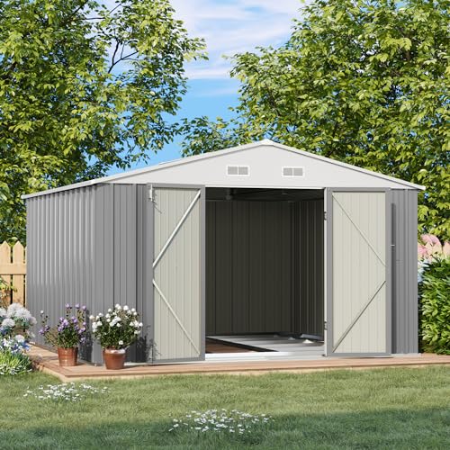 Image of Patiowell 10 x 10 FT Outdoor Storage Shed with Floor Frame, Metal Yard Shed with Design of Lockable Doors, Utility and Tool Storage for Garden, Patio, Backyard, Outside use, Gray