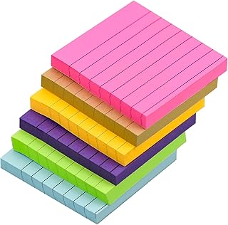 Lined Sticky Notes Pad 6 Pack 480 Sheet Color Self-Stick Notes Neon Office Sticky Pad for Home,School, Meeting - 80 Sheets per Color 76 x 76 mm